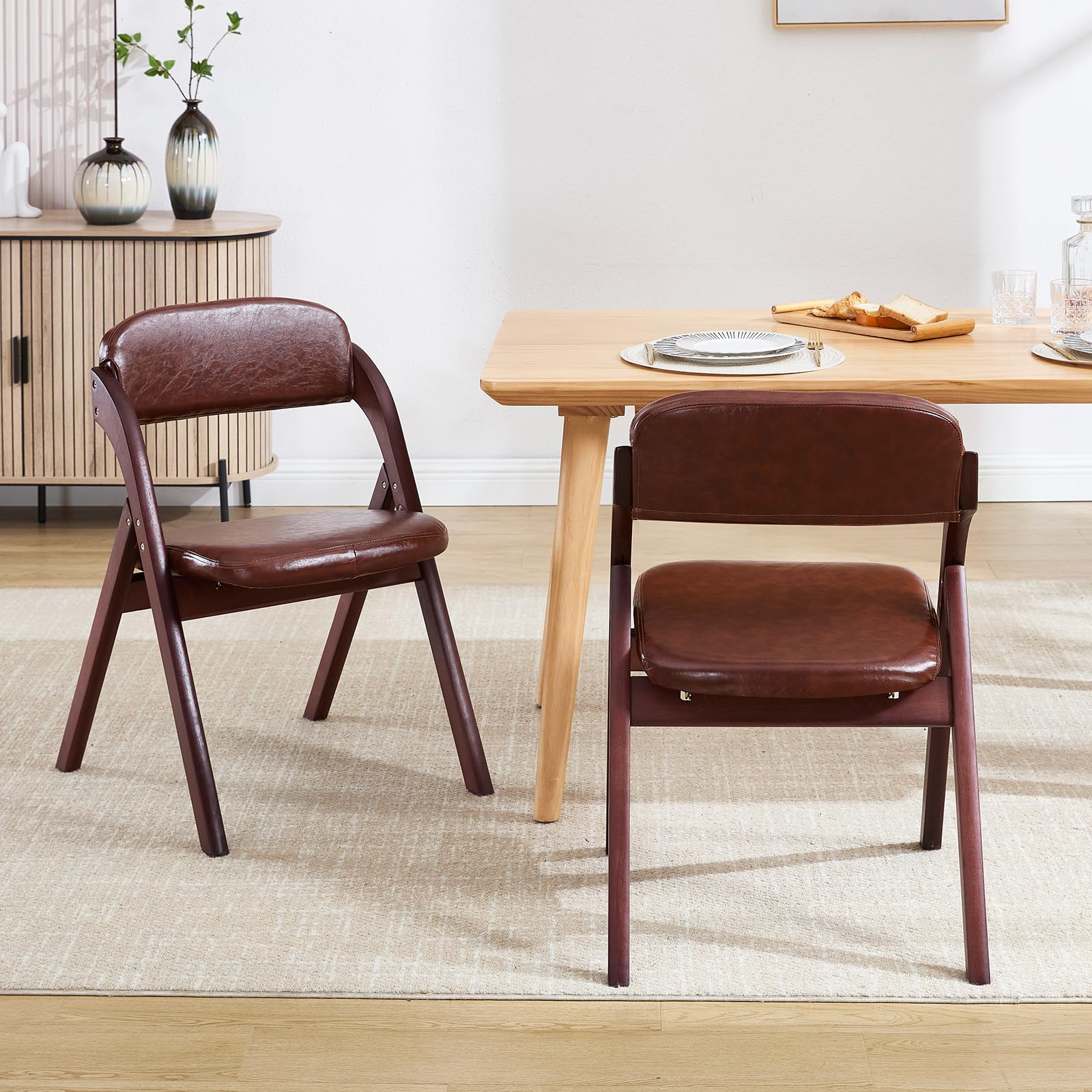 Yuuijoaa 2-Pack Folding Chairs With Cushion, Leather Padded Foldable Chairs, Walnut Wood Frame, Ideal For Indoor/Outdoor Use, Pe